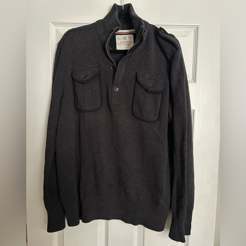 Banana Republic Heritage Mock Neck Quarter Zip Gray Sweater XL Preppy Business